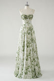 Green A Line Spaghetti Straps Printed Floor Length Bridesmaid Dress with Ruffles