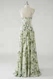 Green A Line Spaghetti Straps Printed Floor Length Bridesmaid Dress with Ruffles