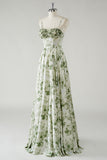 Green A Line Spaghetti Straps Printed Floor Length Bridesmaid Dress with Ruffles