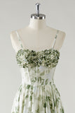 Green A Line Spaghetti Straps Printed Floor Length Bridesmaid Dress with Ruffles