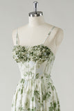 Green A Line Spaghetti Straps Printed Floor Length Bridesmaid Dress with Ruffles