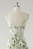 Green A Line Spaghetti Straps Printed Floor Length Bridesmaid Dress with Ruffles