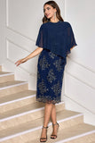 Sheath Tea Length Floral Navy Mother of the Bride Dress with Wrap