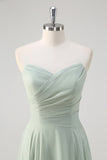 Matcha A Line Strapless Ruched Chiffon Backless Long Bridesmaid Dress