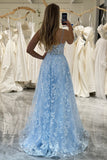 Sky Blue A Line Spaghetti Straps V Neck Tulle Long Corset Prom Dress With Appliques