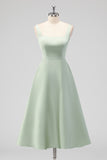 Sage Green A Line Square Neck Tea-Length Satin Bridesmaid Dress