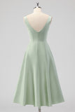 Sage Green A Line Square Neck Tea-Length Satin Bridesmaid Dress