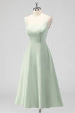 Sage Green A Line Square Neck Tea-Length Satin Bridesmaid Dress