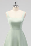 Sage Green A Line Square Neck Tea-Length Satin Bridesmaid Dress