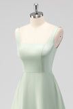 Sage Green A Line Square Neck Tea-Length Satin Bridesmaid Dress