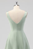 Sage Green A Line Square Neck Tea-Length Satin Bridesmaid Dress