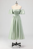 Sage Green A Line Off The Shoulder Ruched Tea-Length Satin Bridesmaid Dress