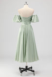 Sage Green A Line Off The Shoulder Ruched Tea-Length Satin Bridesmaid Dress