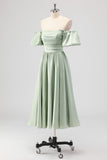 Sage Green A Line Off The Shoulder Ruched Tea-Length Satin Bridesmaid Dress