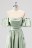 Sage Green A Line Off The Shoulder Ruched Tea-Length Satin Bridesmaid Dress