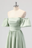 Sage Green A Line Off The Shoulder Ruched Tea-Length Satin Bridesmaid Dress