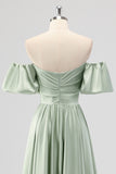 Sage Green A Line Off The Shoulder Ruched Tea-Length Satin Bridesmaid Dress