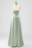 Sage Green A Line Spaghetti Straps Pleated Satin Long Bridesmaid Dress