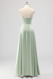 Sage Green A Line Spaghetti Straps Pleated Satin Long Bridesmaid Dress