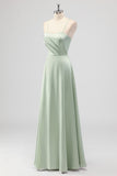 Sage Green A Line Spaghetti Straps Pleated Satin Long Bridesmaid Dress