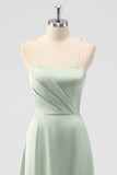 Sage Green A Line Spaghetti Straps Pleated Satin Long Bridesmaid Dress