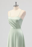 Sage Green A Line Spaghetti Straps Pleated Satin Long Bridesmaid Dress