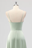 Sage Green A Line Spaghetti Straps Pleated Satin Long Bridesmaid Dress