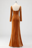 Brown Mermaid Square Neck Ruched Long Sleeves Velvet Bridesmaid Dress with Slit