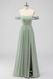 Sage Green A-Line Off The Shoulder Ruched Chiffon Long Bridesmaid Dress with Slit