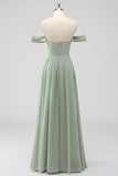 Sage Green A-Line Off The Shoulder Ruched Chiffon Long Bridesmaid Dress with Slit