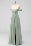 Sage Green A-Line Off The Shoulder Ruched Chiffon Long Bridesmaid Dress with Slit