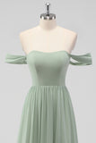 Sage Green A-Line Off The Shoulder Ruched Chiffon Long Bridesmaid Dress with Slit