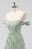 Sage Green A-Line Off The Shoulder Ruched Chiffon Long Bridesmaid Dress with Slit