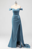 Dusty Blue Mermaid Off The Shoulder Side Streamer Ruched Satin Long Bridesmaid Dress with Slit