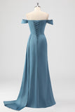 Dusty Blue Mermaid Off The Shoulder Side Streamer Ruched Satin Long Bridesmaid Dress with Slit