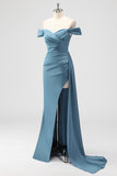 Dusty Blue Mermaid Off The Shoulder Side Streamer Ruched Satin Long Bridesmaid Dress with Slit