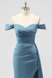 Dusty Blue Mermaid Off The Shoulder Side Streamer Ruched Satin Long Bridesmaid Dress with Slit