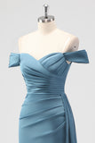 Dusty Blue Mermaid Off The Shoulder Side Streamer Ruched Satin Long Bridesmaid Dress with Slit