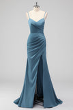 Dusty Blue Mermaid Spaghetti Straps Pleated Satin Long Bridesmaid Dress with Slit