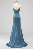 Dusty Blue Mermaid Spaghetti Straps Pleated Satin Long Bridesmaid Dress with Slit