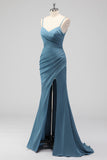 Dusty Blue Mermaid Spaghetti Straps Pleated Satin Long Bridesmaid Dress with Slit