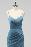 Dusty Blue Mermaid Spaghetti Straps Pleated Satin Long Bridesmaid Dress with Slit