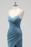 Dusty Blue Mermaid Spaghetti Straps Pleated Satin Long Bridesmaid Dress with Slit