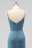 Dusty Blue Mermaid Spaghetti Straps Pleated Satin Long Bridesmaid Dress with Slit