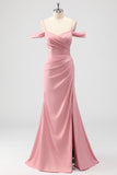 Blush Mermaid Cold Shoulder Ruched Satin Long Bridesmaid Dress with Slit