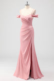 Blush Mermaid Cold Shoulder Ruched Satin Long Bridesmaid Dress with Slit