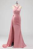 Blush Mermaid Cut Out Side Streamer Pleated Satin Long Bridesmaid Dress with Slit