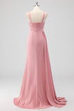 Blush Mermaid Cut Out Side Streamer Pleated Satin Long Bridesmaid Dress with Slit