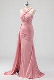 Blush Mermaid Cut Out Side Streamer Pleated Satin Long Bridesmaid Dress with Slit