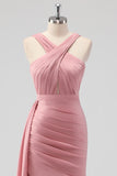 Blush Mermaid Cut Out Side Streamer Pleated Satin Long Bridesmaid Dress with Slit